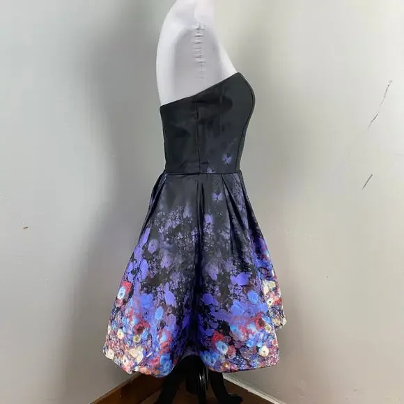 Betsy & Adam Black Satin Floral Strapless Fit & Flare Party Dress Size 10 - Picture 8 of 11